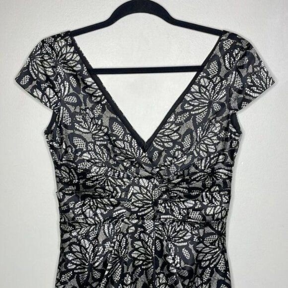 Maggy London Size 6 Black White Floral Lace Print Satin VNeck Sheath Event Dress - Picture 3 of 10